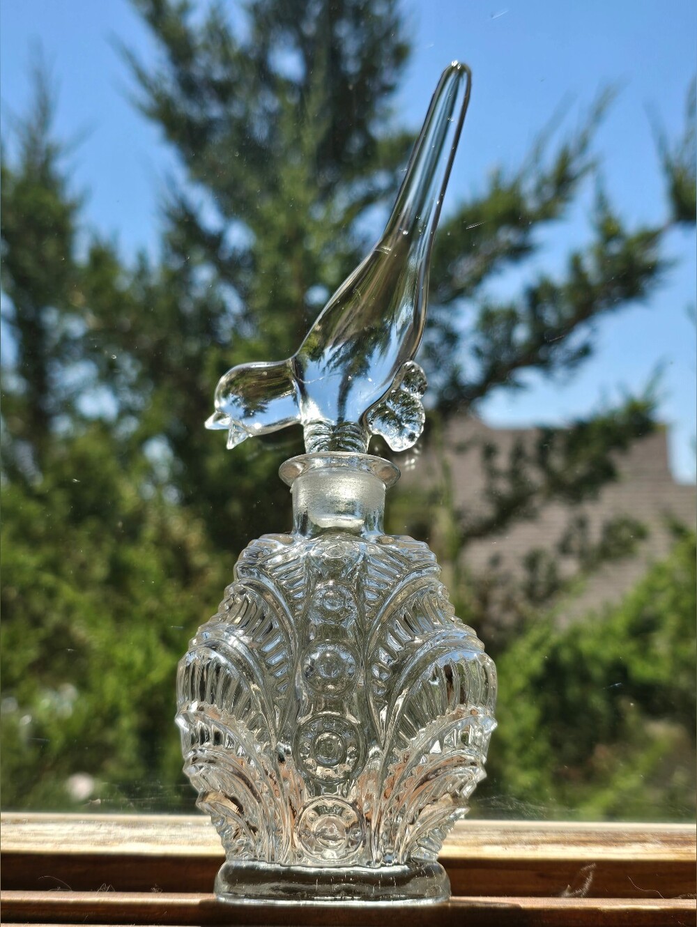 Vintage Clear Pressed Glass Perfume Bottle - Bird And Fan Design
